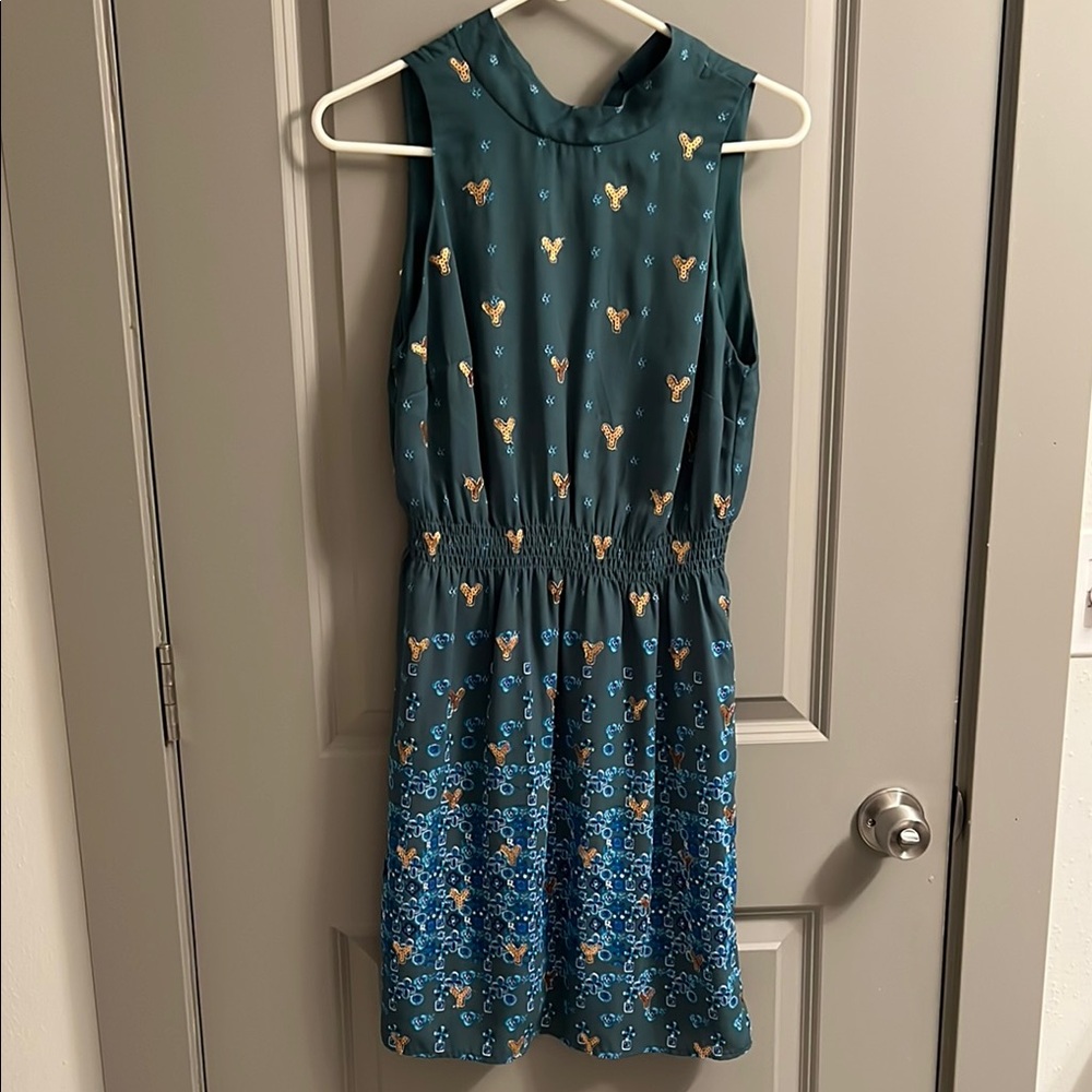 Teal Sleeveless Dress with Sequin Print